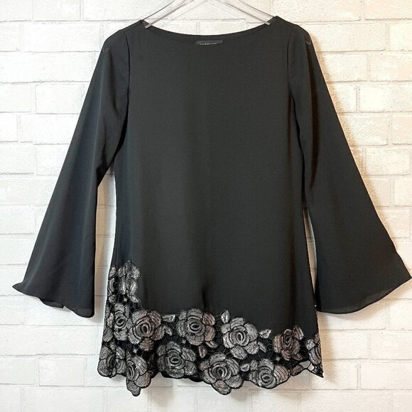 Marciano Black Long Bell Sleeve Sequin Silver Roses Dress XS - Picture 1 of 5